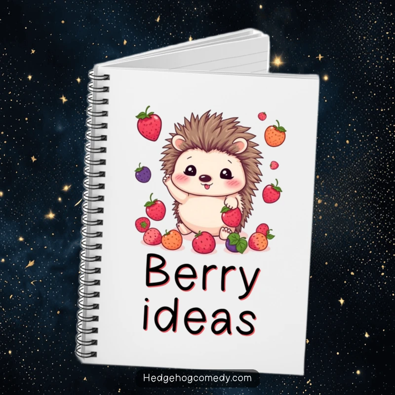 Funny kawaii hedgehog notebook featuring a cute hedgehog happily juggling colorful berries, perfect for note-taking.