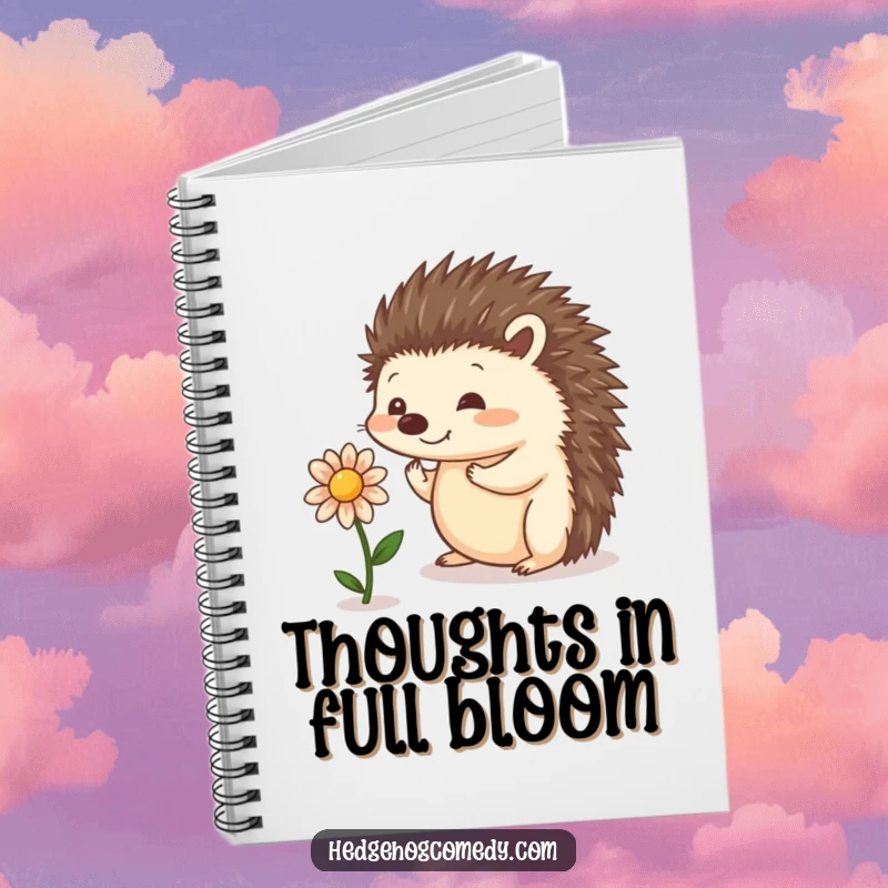 Funny cute notebook with a playful hedgehog balancing a tiny flower, ideal for capturing ideas and daily notes.