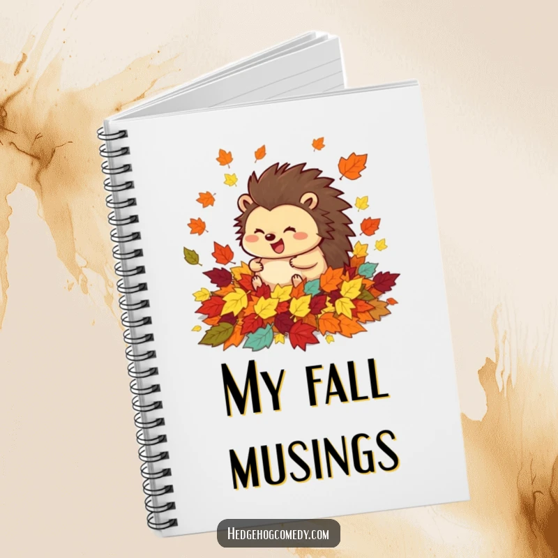 Funny notebook featuring a happy hedgehog rolling in a pile of colorful autumn leaves, perfect for jotting down thoughts and ideas.