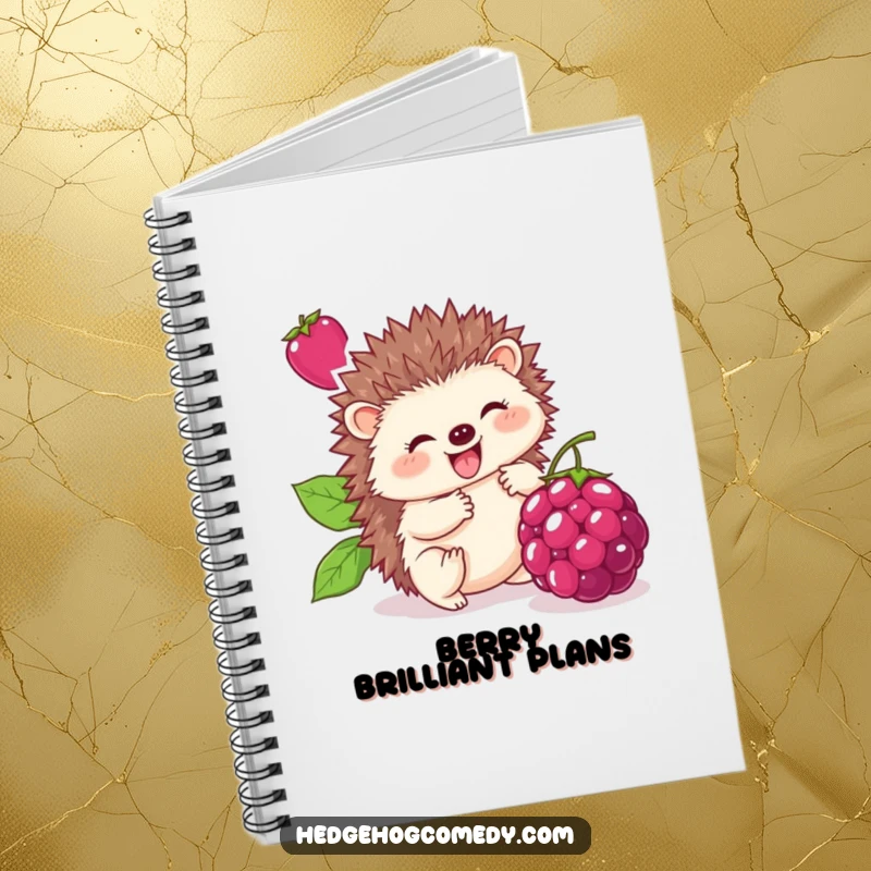 Funny notebook cover with a cute hedgehog happily rolling a giant berry, perfect for jotting down humorous notes and sweet ideas.