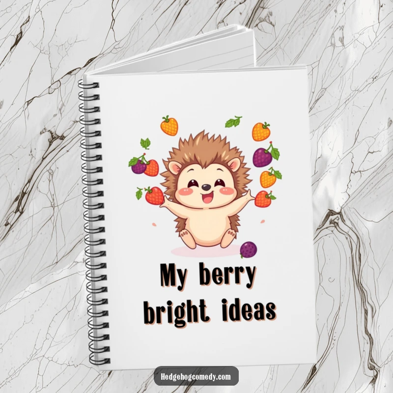 Funny Hedgehog Notebook with a cute hedgehog character excitedly juggling a pile of colorful berries, perfect for writing.