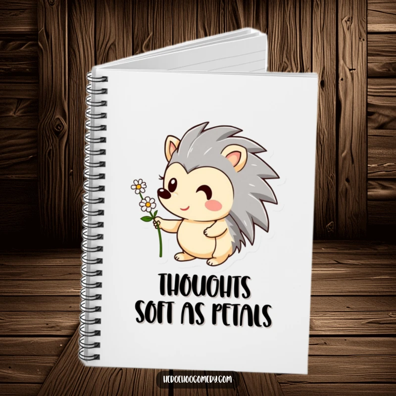 Funny notebook cover design with a cute hedgehog character offering a flower. Charming and humorous for note-taking or journaling.