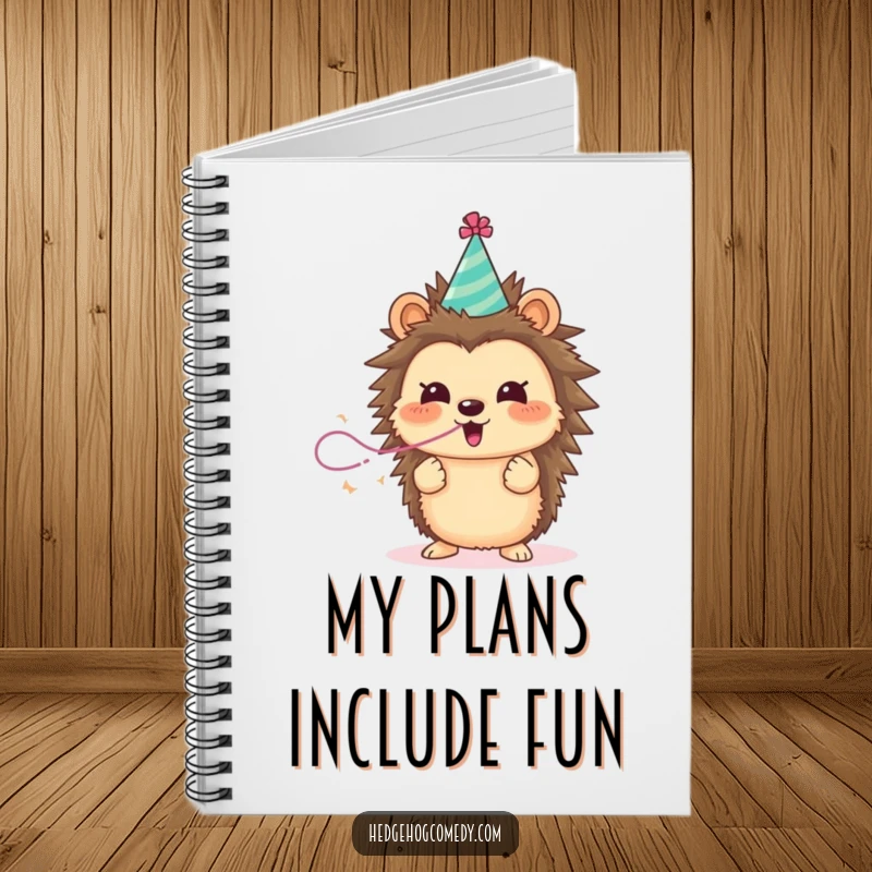 Funny hedgehog wearing a party hat blowing a streamer, a fun notebook for capturing funny ideas.