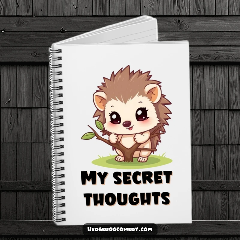 Funny notebook featuring a hedgehog peeking from behind a twig. Ideal for notes, doodles, and secret thoughts.
