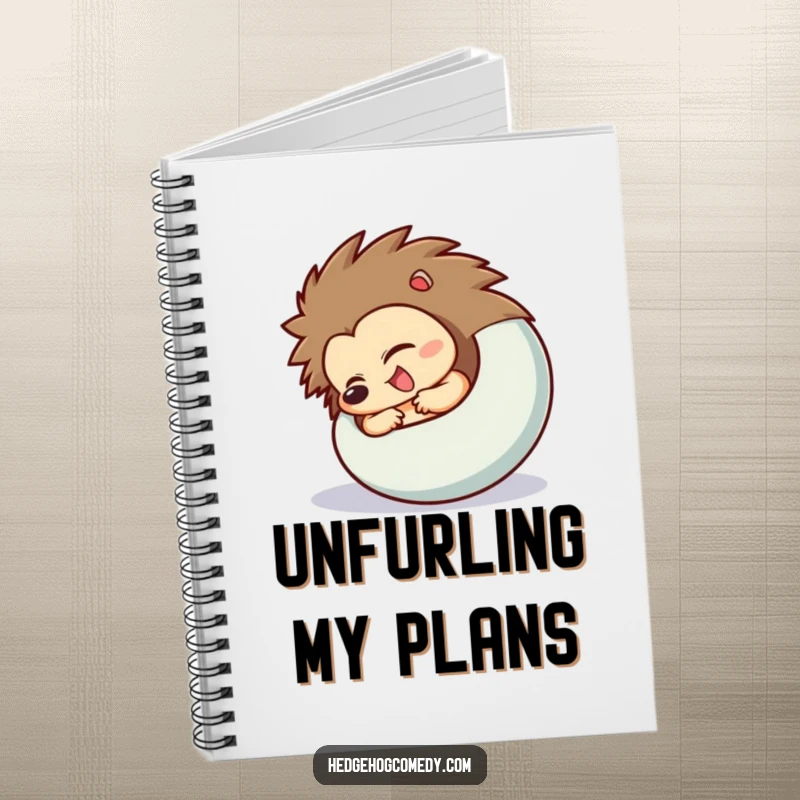 Funny Hedgehog Notebook with a character excitedly uncurling from a ball, great for journaling unfolding thoughts.