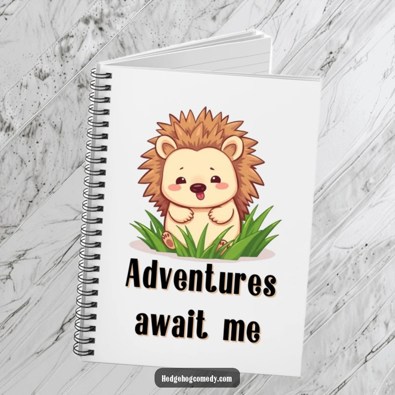 Funny hedgehog happily waddling through green grass on a notebook cover, perfect for journaling joyful thoughts.
