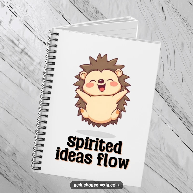Funny notebook cover with a joyful hedgehog doing a delighted somersault, happy squeak.