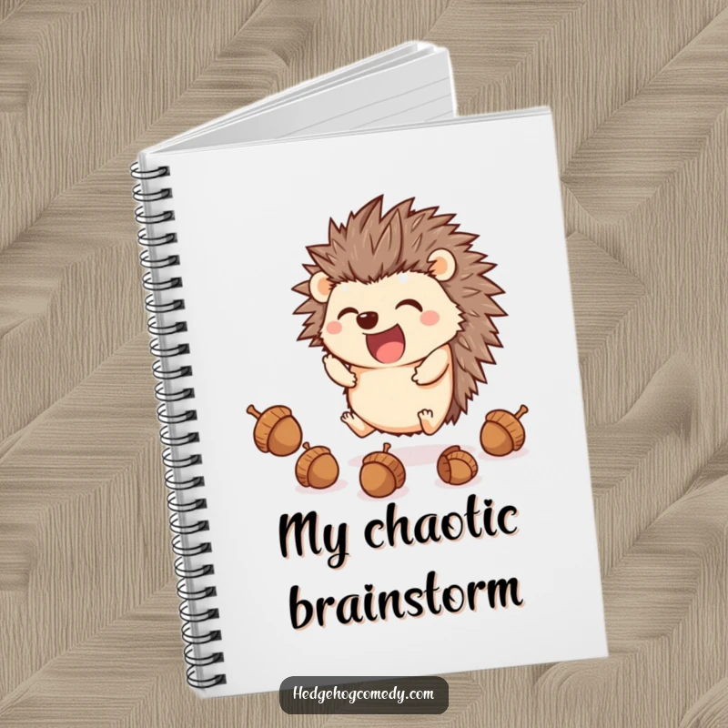 Funny excited kawaii hedgehog juggling acorns with its feet, perfect for a humorous notebook gift.