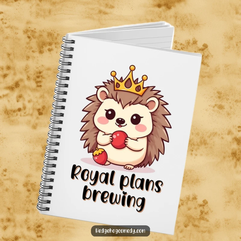 Funny notebook cover featuring a kawaii hedgehog wearing a crown, balancing a berry, ready for capturing notes with cute charm.