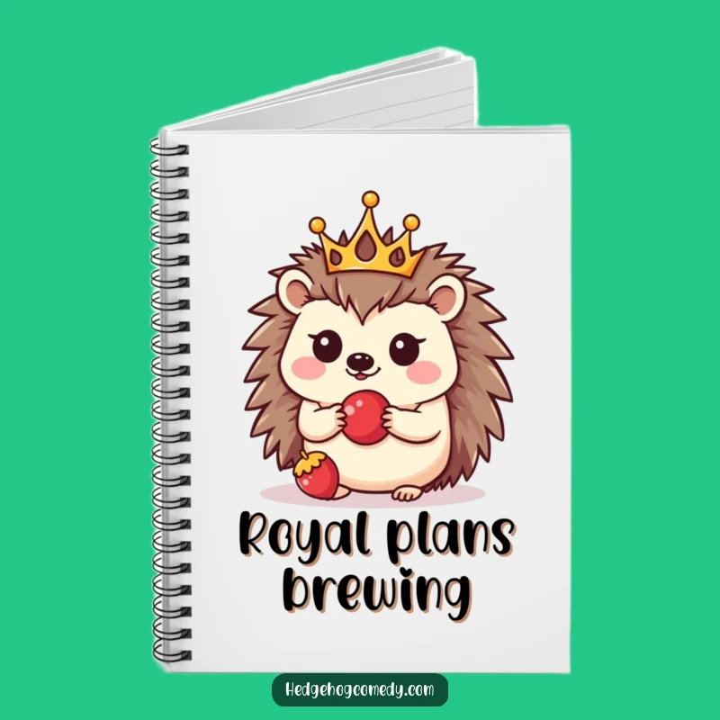 Capture your thoughts with this funny kawaii hedgehog notebook! The tiny crowned hedgehog balancing a berry makes note-taking a delightful experience.