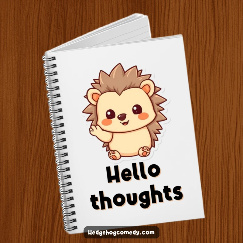 Funny Kawaii Hedgehog Notebook, giving a gentle wave, perfect for jotting down friendly notes and humorous reflections.