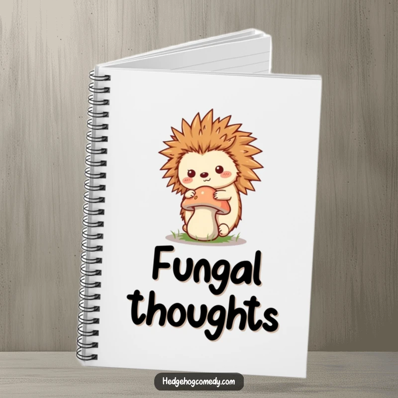 Funny Kawaii Hedgehog Notebook, balancing a mushroom on its quills, perfect for jotting down nature notes and humorous reflections.