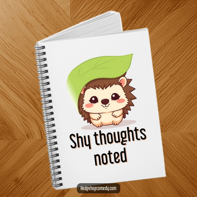 Funny kawaii hedgehog notebook, shyly peeking from behind a leaf with a smile, cute for writing.