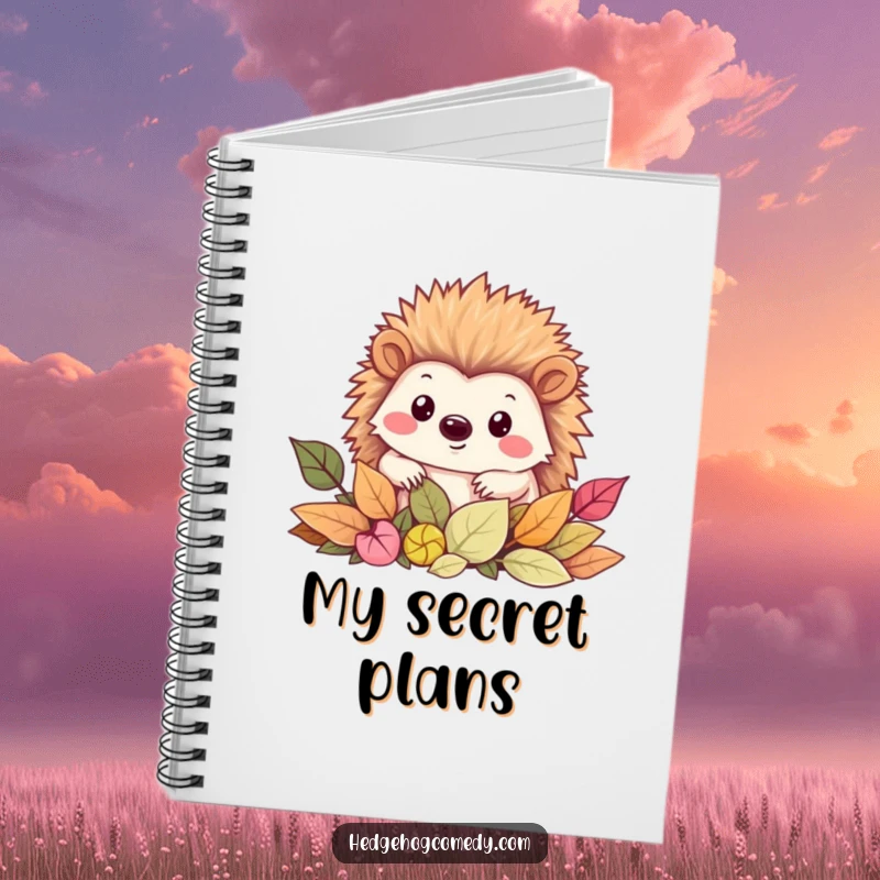 Funny Notebook cover design: a smiling Kawaii hedgehog curiously peeking out from a pile of colorful autumn leaves.