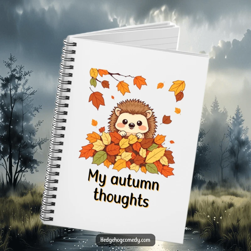 Funny playful kawaii hedgehog peeking from autumn leaves, perfect for a humorous notebook gift.