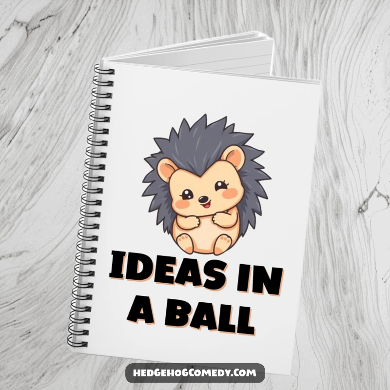 Funny notebook cover with a hedgehog curled into a cute, round, happy ball. Humorous and charming stationery.