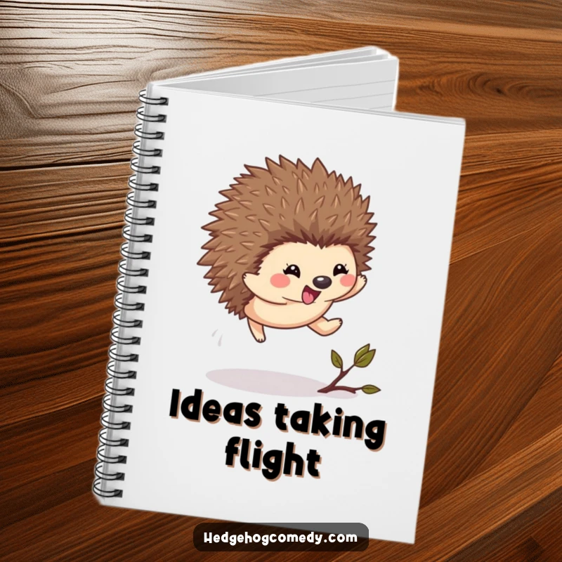 Funny Kawaii Hedgehog Notebook: The cover features a cute hedgehog leaping with excitement over a twig.