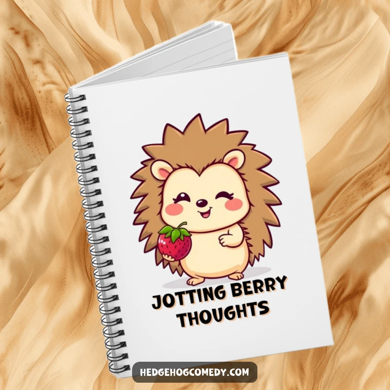 Funny Notebook with a smiling hedgehog character offering a berry, perfect for jotting down notes and creative thoughts.