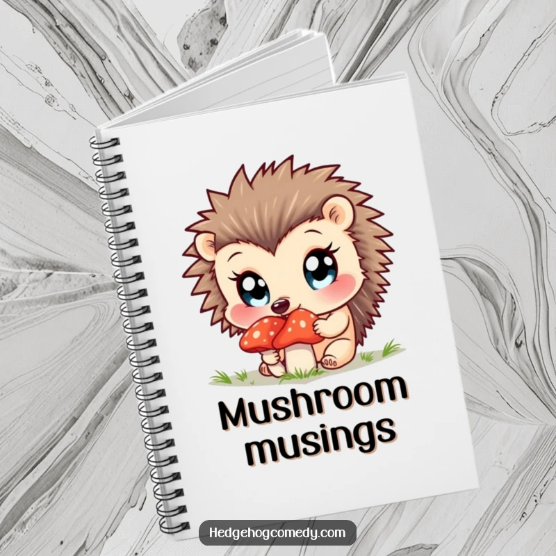 Funny notebook cover with a curious hedgehog sniffing a mushroom, bright eyes.