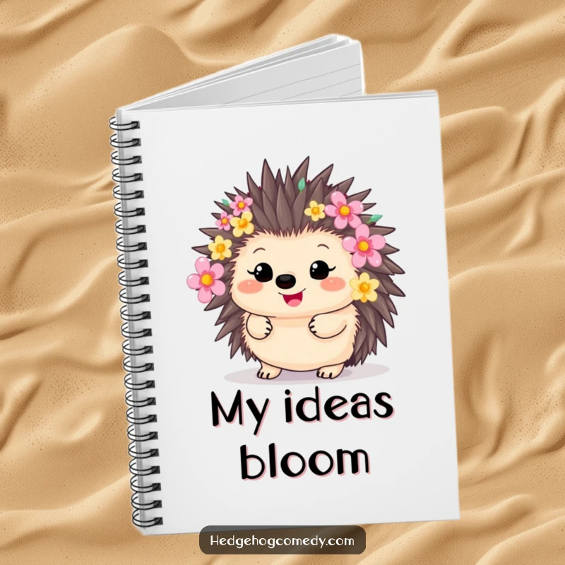 Funny happy kawaii hedgehog with quills decorated with colorful flowers, perfect for a humorous notebook gift.