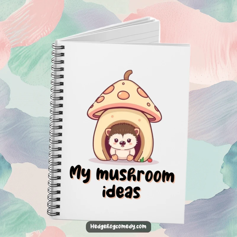 Funny notebook cover featuring a curious hedgehog peeking from a tiny mushroom house, inspiring whimsical thoughts and creative writing.