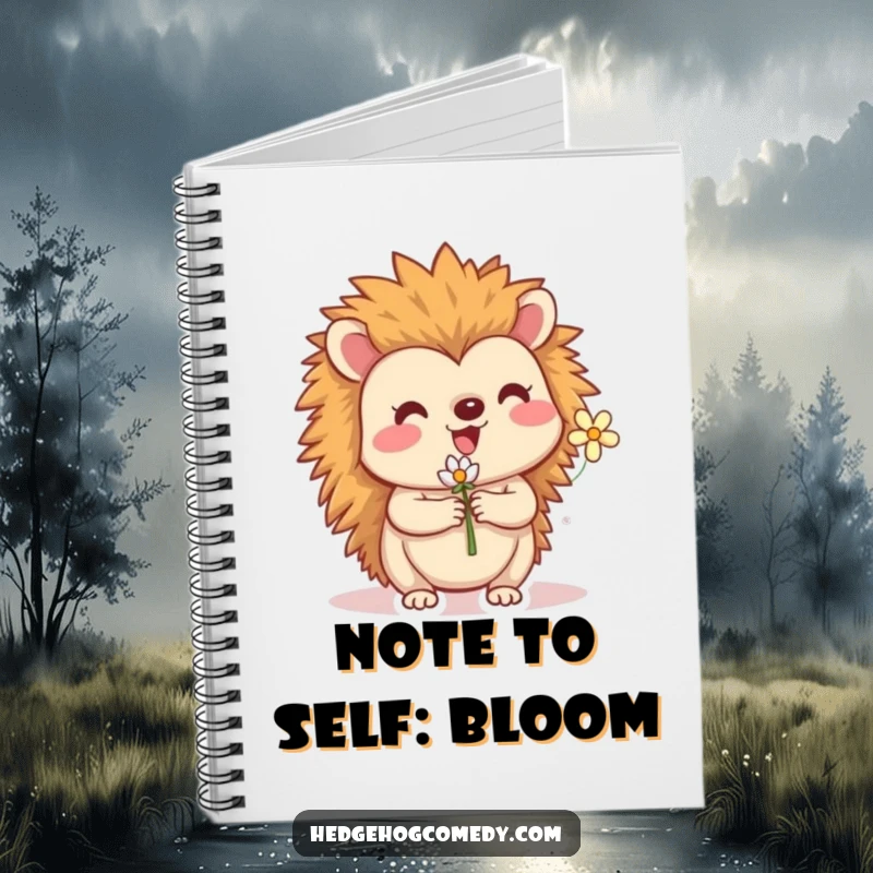 Funny notebook with a cute hedgehog character holding a tiny flower on the cover. Perfect for notes, doodles, and daily thoughts.