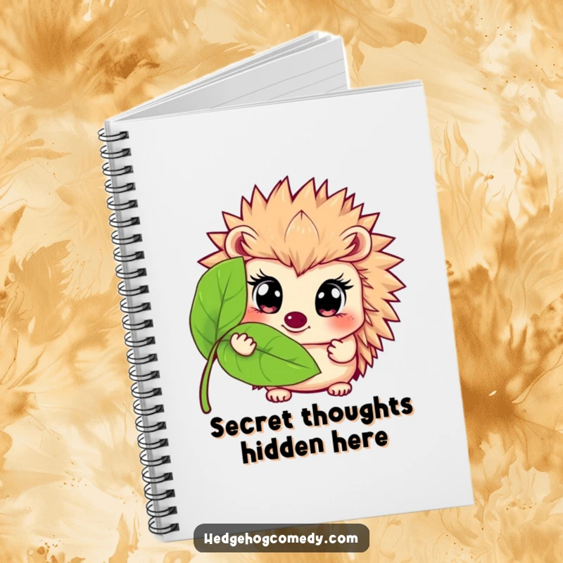 Funny notebook cover with a hedgehog with wide eyes peeking from behind a leaf, perfect for jotting down humorous notes and curious thoughts.