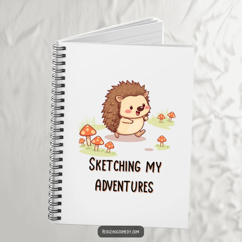 Funny cheerful hedgehog skipping on a mushroom path on a notebook, perfect for documenting journeys and as a funny gift.
