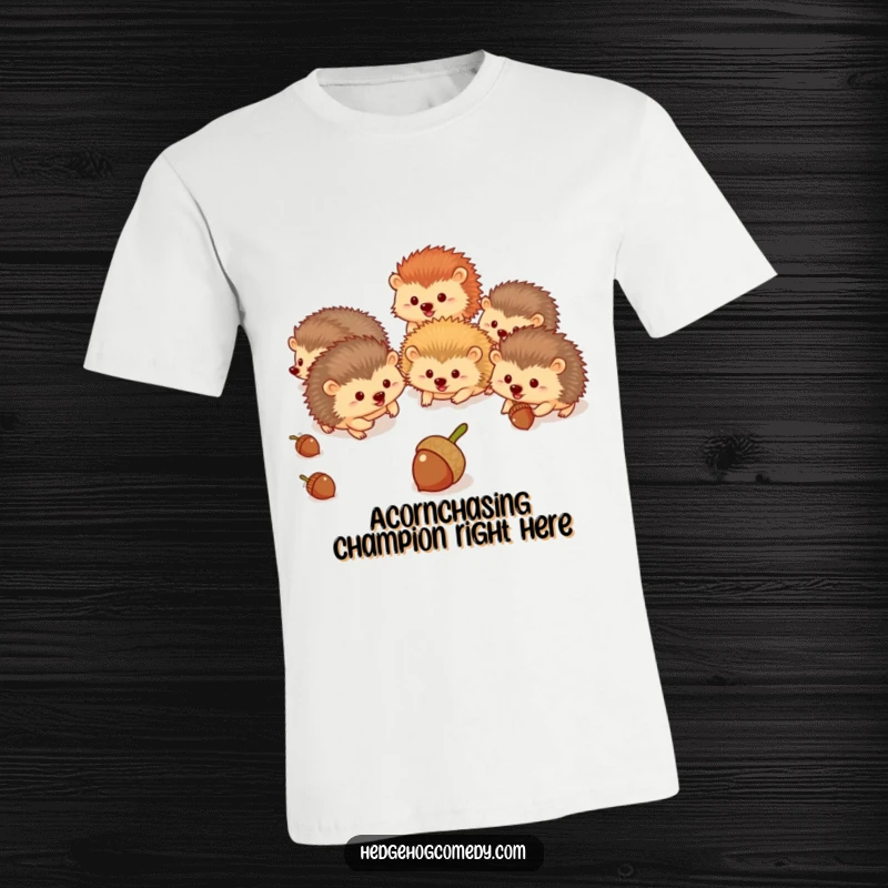 Funny hedgehogs joyfully pursuing rolling acorns through a vibrant, animated forest, designed for a humorous gift.