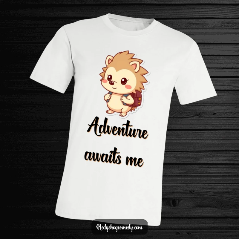Funny t-shirt with a curious hedgehog carrying a backpack, illustrating a love for exploration and discovery.