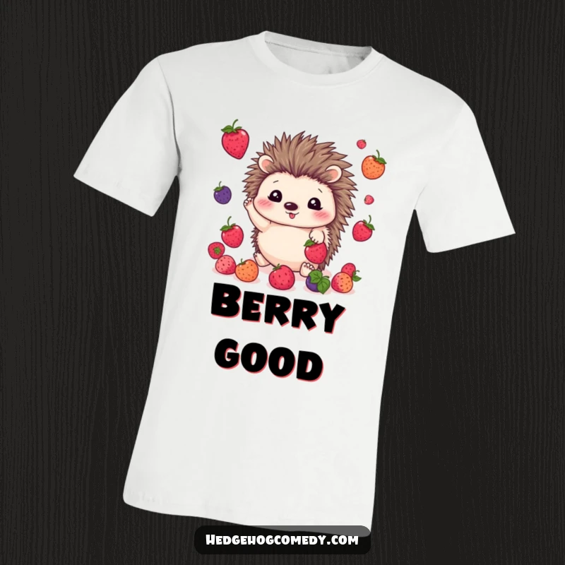 Funny kawaii hedgehog t-shirt showing a cute hedgehog happily juggling colorful berries, radiating joy and playful energy.