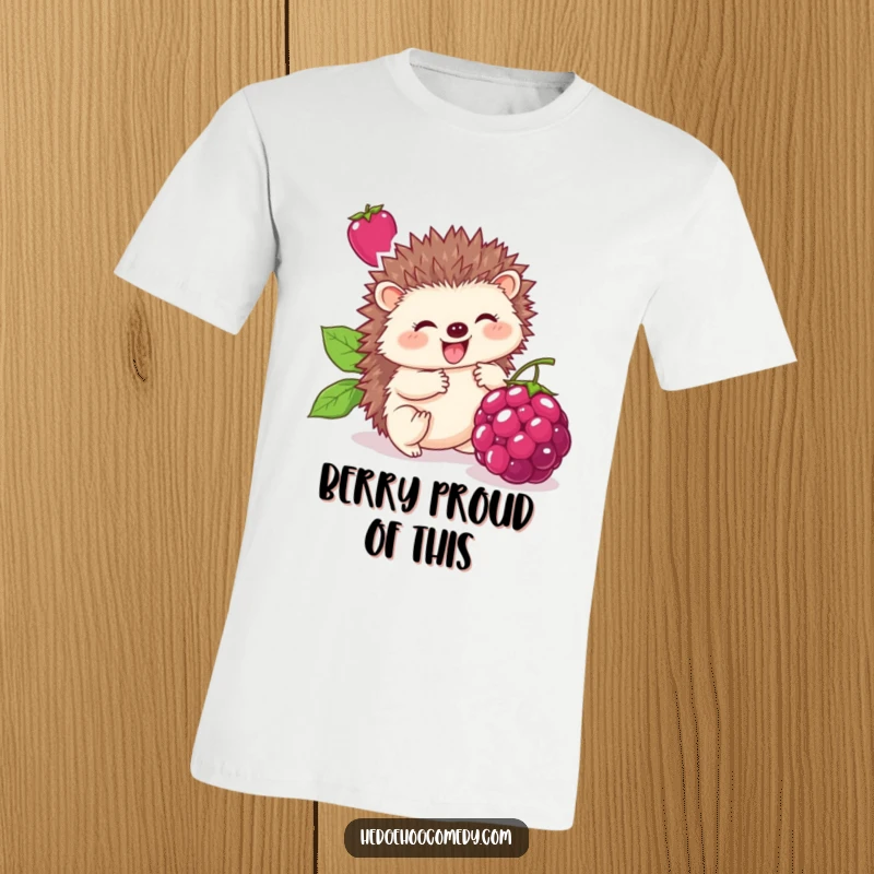 Funny t-shirt design of a cute hedgehog gleefully pushing a large berry, capturing a moment of pure, adorable happiness.