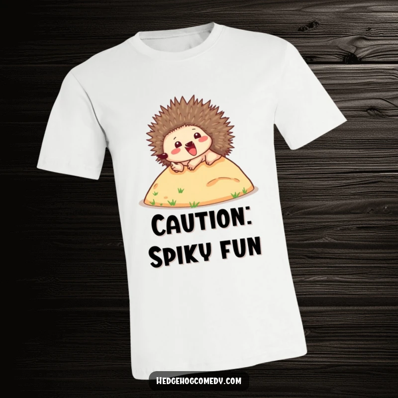 Funny t-shirt showcasing a happy hedgehog joyfully rolling downhill with quills up, a symbol of pure, uninhibited fun.