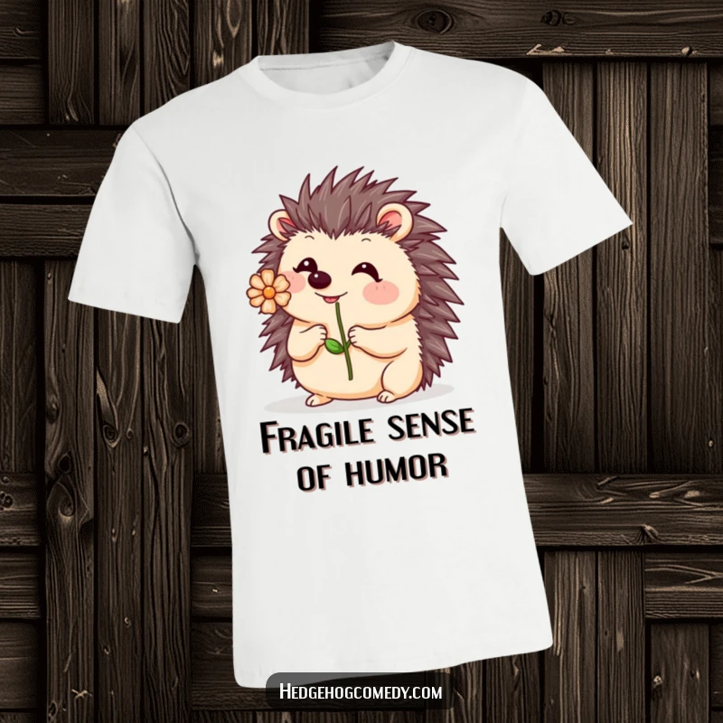 Funny Kawaii Hedgehog T-Shirt: A charming hedgehog is caught mid-wobble, balancing a tiny flower on its nose with adorable concentration.