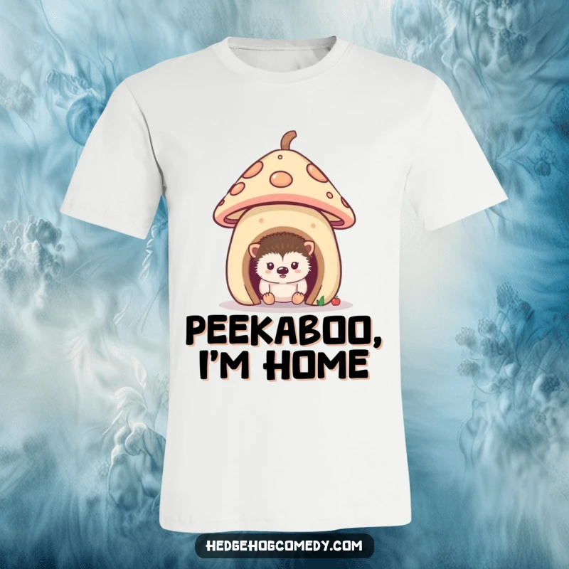 Funny t-shirt featuring a curious hedgehog peeking from its quaint mushroom house, embodying shy charm and cozy exploration.