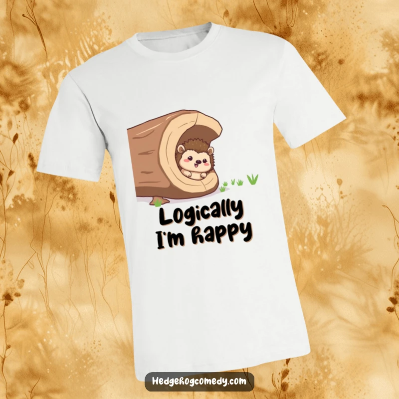 Funny giggling hedgehog peeking from a hollow log, a whimsical t-shirt for a funny gift.