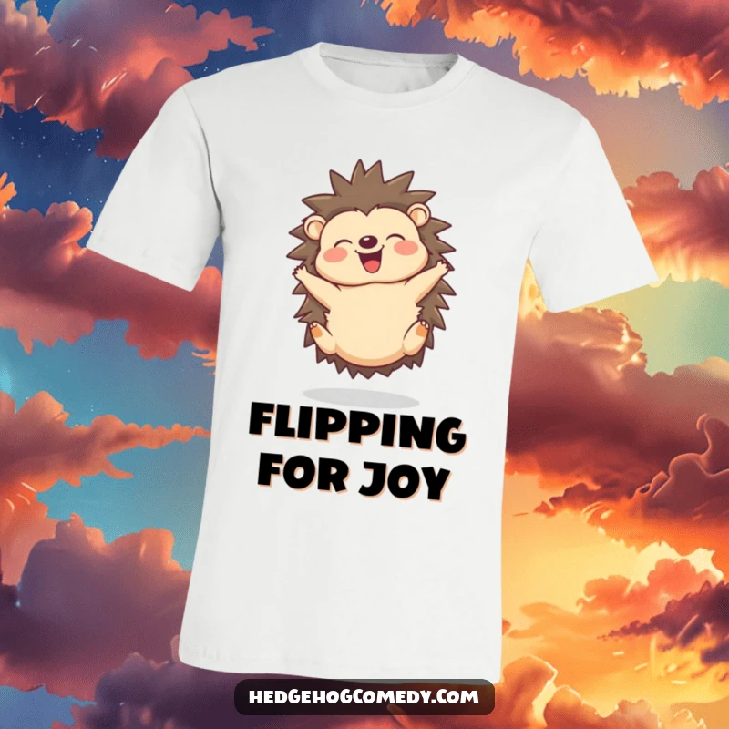 Funny t-shirt showing a joyful hedgehog doing a delighted somersault, mid-squeak.