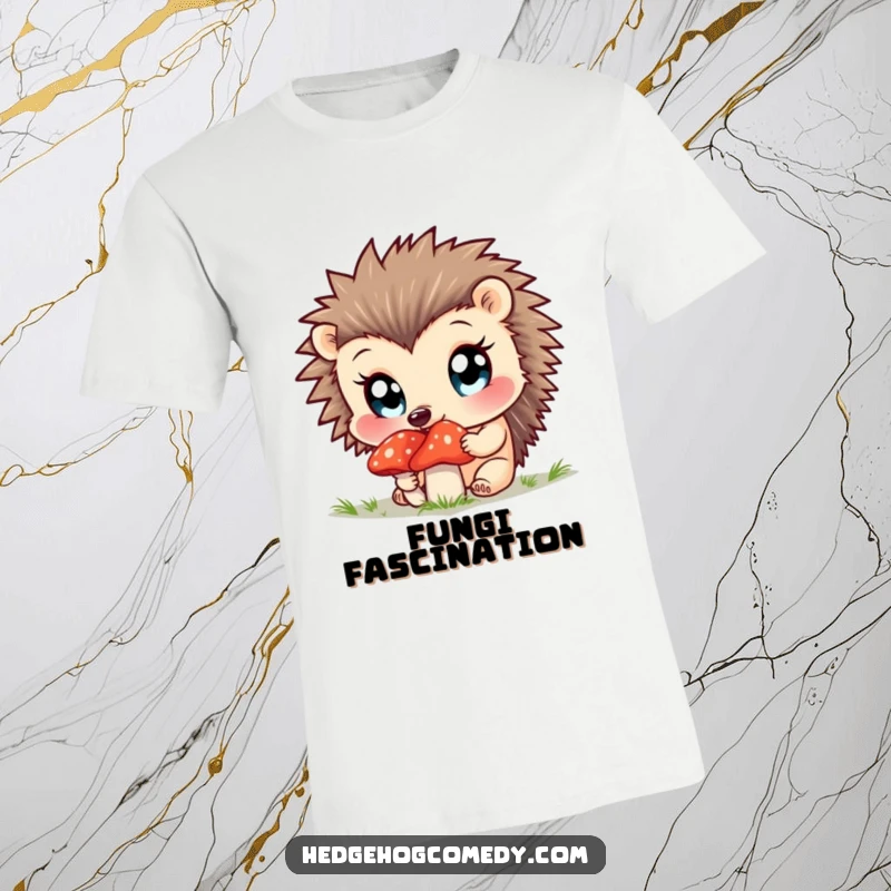 Funny t-shirt with a curious hedgehog sniffing a mushroom, wide bright eyes full of wonder.