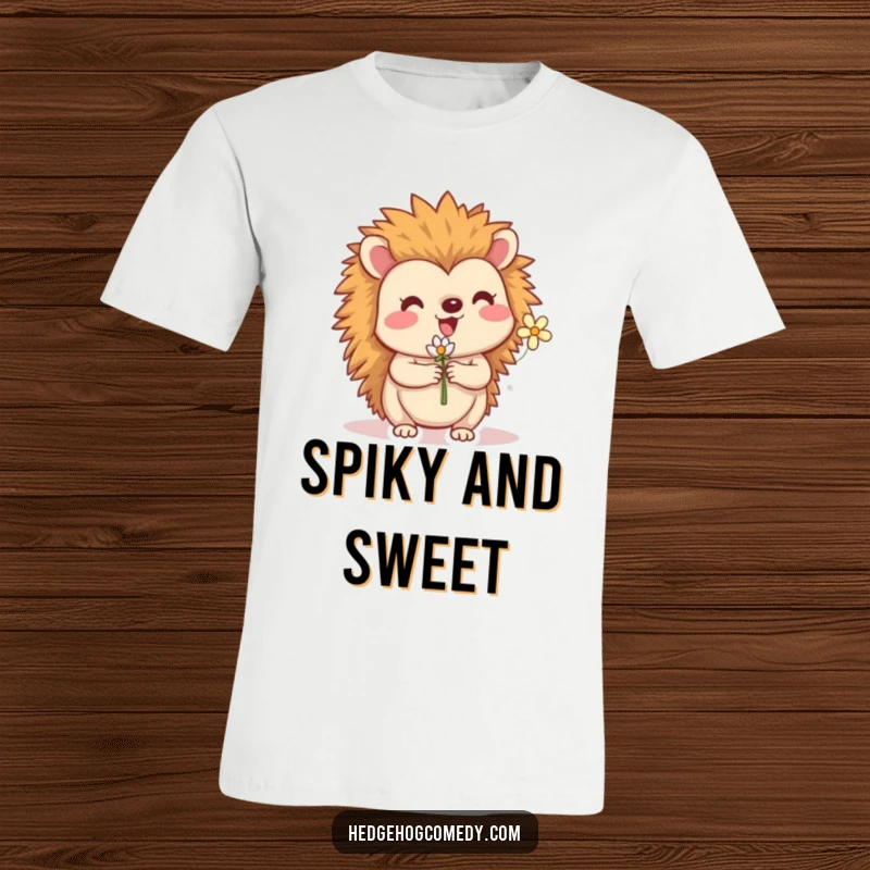 Funny t-shirt showcasing a happy hedgehog character gently holding a small, colorful flower. A symbol of sweet, simple joy.