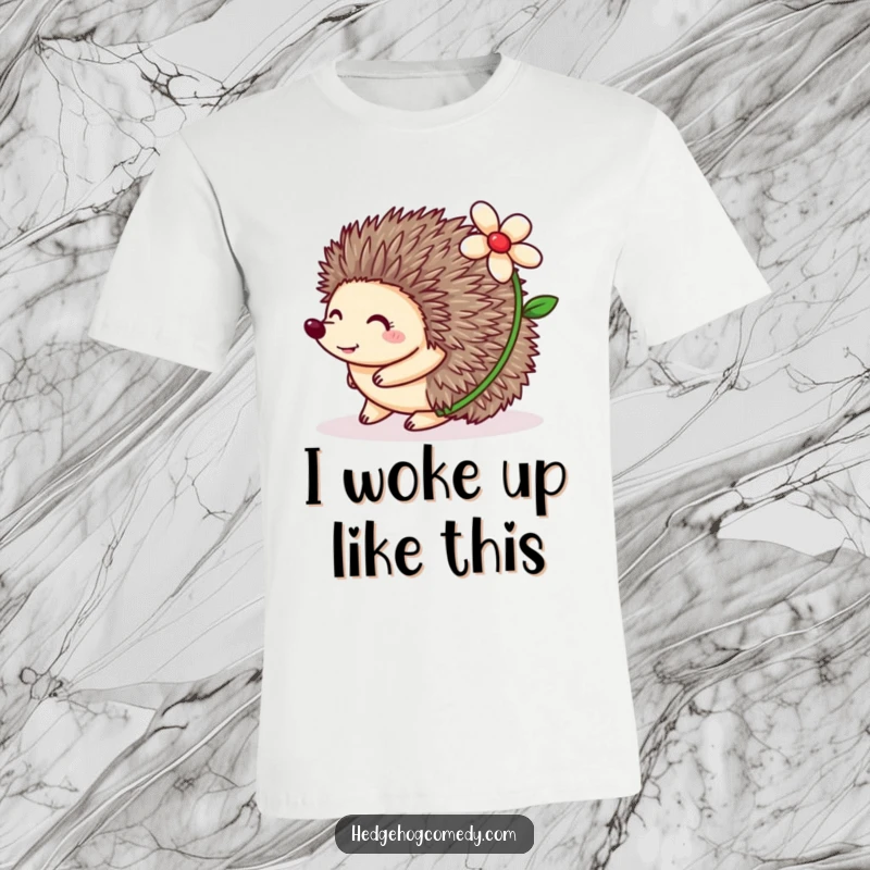 Funny Hedgehog T-Shirt depicting a happy hedgehog rolling with a flower on its back, a hilarious gift idea.