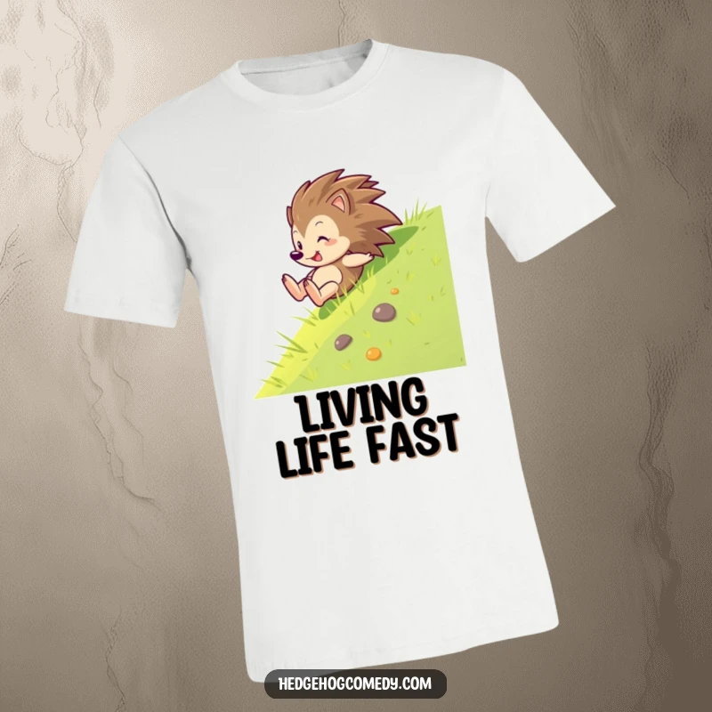 Funny t-shirt featuring a hedgehog sliding down a grassy slope with pure glee, celebrating freedom and playful adventure.