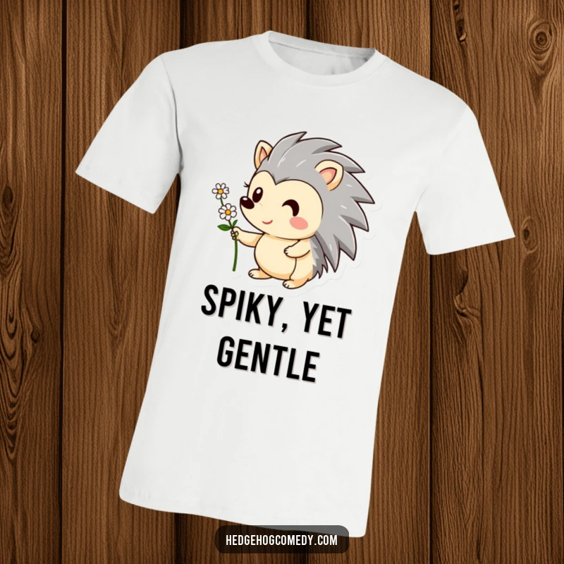 Funny t-shirt print of a cheerful hedgehog character extending a tiny flower with a friendly smile. A cute and funny gift.