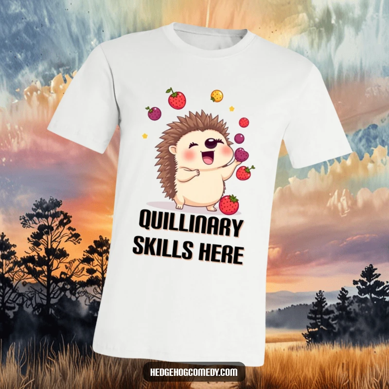 Funny t-shirt depicting a thrilled hedgehog juggling vibrant berries with its quills, a whimsical display of natural talent and joy.