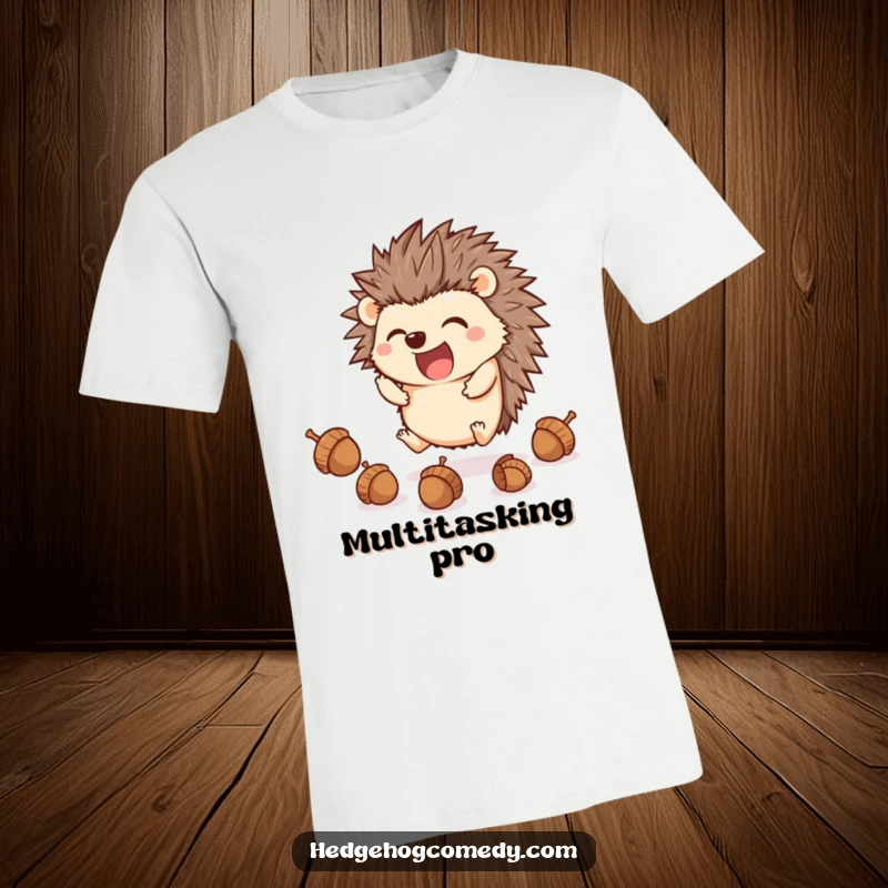 Funny cute kawaii hedgehog excitedly juggling acorns with its feet, a perfect funny gift for performers.