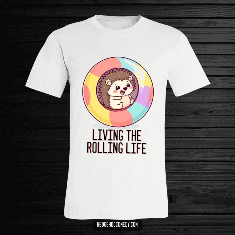 Funny T-Shirt featuring a cute Kawaii hedgehog gleefully rolling downhill inside a giant, vibrant ball.