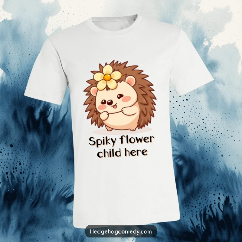 Funny Kawaii Hedgehog T-Shirt: A happy hedgehog with a flower on its head is captured mid-roll in this cute design.