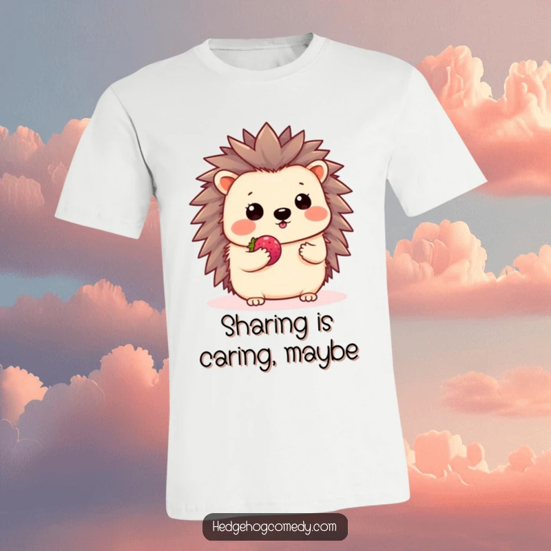 Funny Kawaii Hedgehog T-Shirt: A shy hedgehog waves hello while presenting a small berry on this charming tee.
