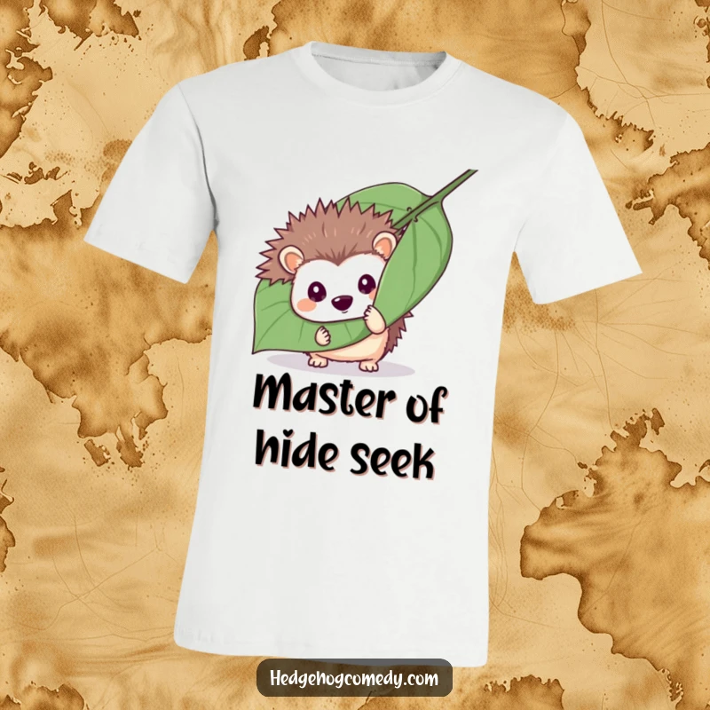 Funny mischievous hedgehog peeking from behind a leaf on a t-shirt, embodying playfulness, perfect funny gift.
