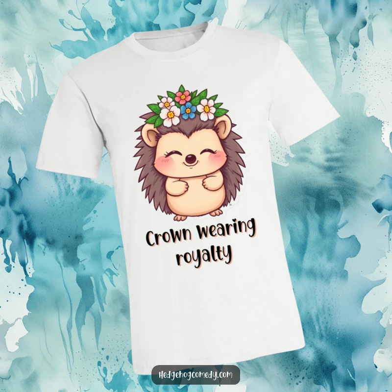 Funny Hedgehog T-Shirt depicting a small hedgehog character giving a charming wink while adorned with a miniature flowering crown.