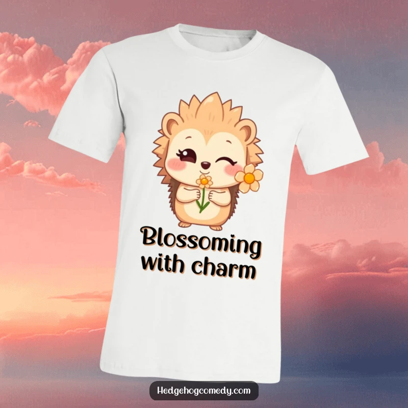 Funny winking hedgehog offering a flower with a shy smile, a charming t-shirt for a funny gift.